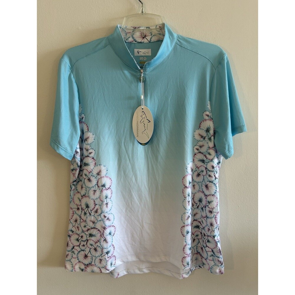 NEW! Greg Norman ML75 Blue Floral Pattern Golf Polo Shirt Quarter-Zip Size L